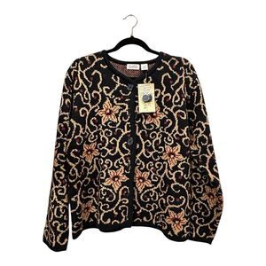 Sears Vintage Classic Elements NWT Black Floral Knit Cardigan Sweater
